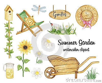 Summer Gardening set, Watercolor garden equipment clipart, summer holidays stickers Stock Photo