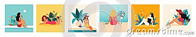 Summer girl. Freedom vacation, health and flowers, dress and hat on wellness beach, spa mood. Female characters in Vector Illustration