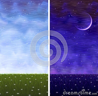 Summer grassy vertical day and night landscapes Vector Illustration