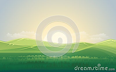Summer green meadow and mountain landscape with sunset. vector illustration Vector Illustration