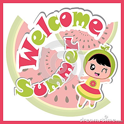 Summer greeting card with cute girl on watermelon background and red frame cartoon for summer postcard Vector Illustration