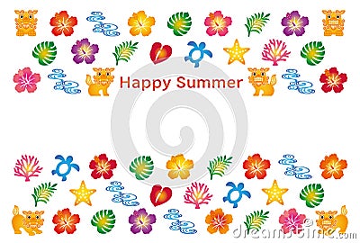 Summer greeting card with Japanese Bingata icons. Vector Illustration