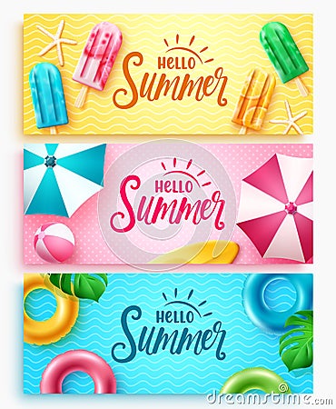 Summer greeting vector set design. Hello summer text colorful collection with popsicle, umbrella and floater elements. Vector Illustration