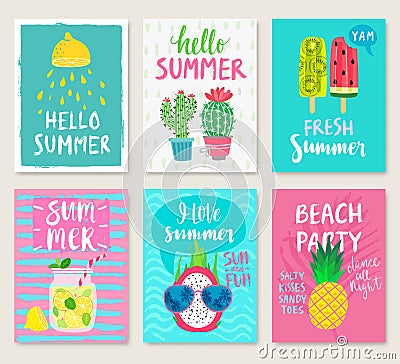 Summer hand drawn calligraphyc card set. Vector Illustration