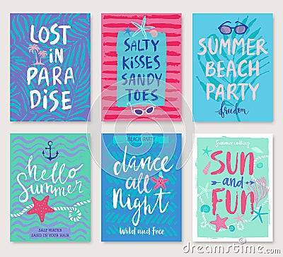 Summer hand drawn calligraphyc card set. Vector Illustration