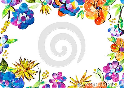 Summer happy colorful watercolor painted paper-cut flowers border frame ornament illustration. A4 A5 A3 international paper slide Cartoon Illustration