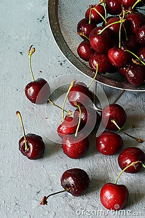 Summer and harvest concept. Cherry macro. Vegan, vegetarian, raw food. Fresh sweet cherries. Stock Photo