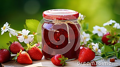 Summer Harvest Delight: Homemade Strawberry Jam Glistening on Wooden Table Stock Photo