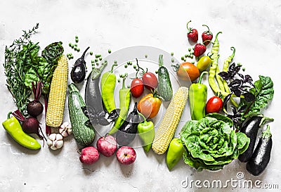 Summer harvest - fresh organic vegetables fruits background. Organic garden vegetables, berries, fruit on a light background, top Stock Photo