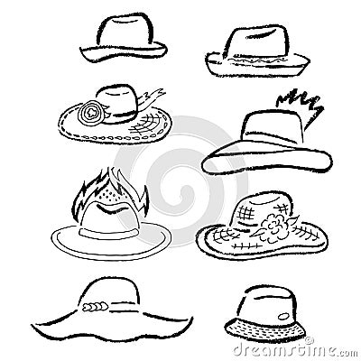 Summer hats, caps outlined template set Vector Illustration