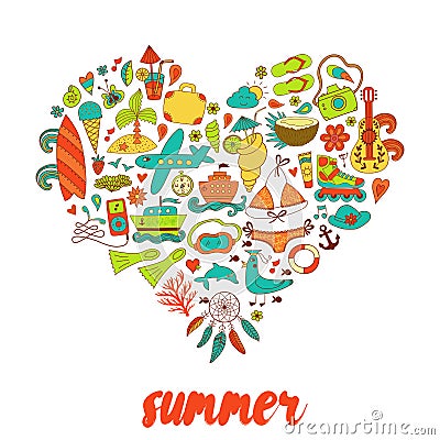 Summer heart design made of doodle season elements Vector Illustration