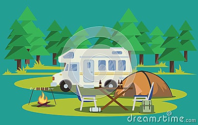 Summer Hiking. Tent, Backpack and Campfire. Vector Illustration Vector Illustration