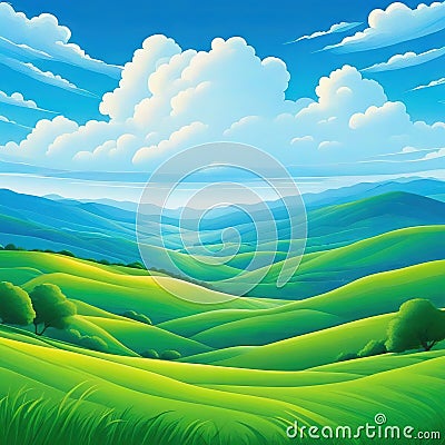 Summer hills green blue sky with flat style cartoon painting Cartoon Illustration
