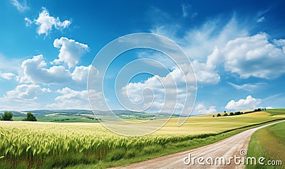 A summer hilly rural landscape with fields of young wheat and a road stretching. Stock Photo