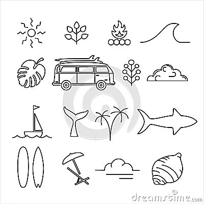 Summer holiday adventure line art icon set Vector Illustration