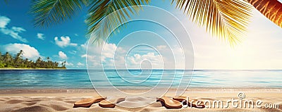 Summer holiday bacground with flip flops on sunny beach and green plams, copy space for text Stock Photo