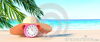 Summer holiday background with alarm clock on the sandy beach. Last minute travel concept. 3D render Cartoon Illustration