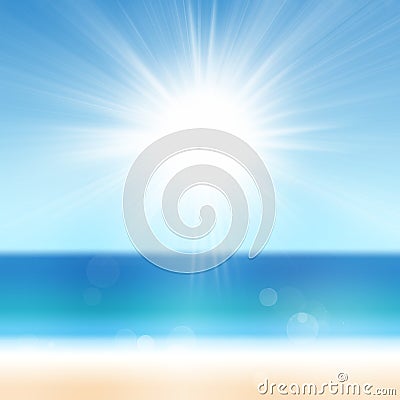 Summer Holiday Background with Sand Beach Ocean Sea Sun Blue Water and Sky Stock Photo