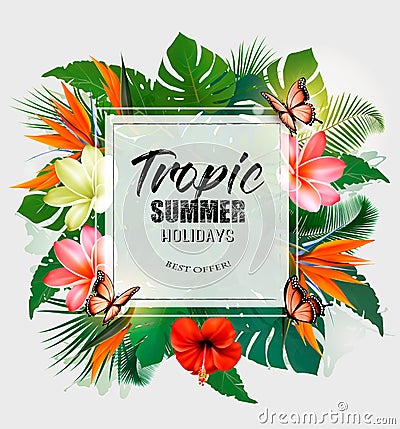 Summer Holiday Background With Tropical Plants And Coloful Flowers. Vector Vector Illustration