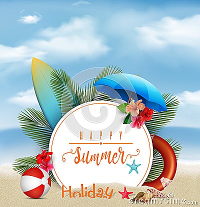 Summer holiday background with a white circle for text and beach elements Vector Illustration