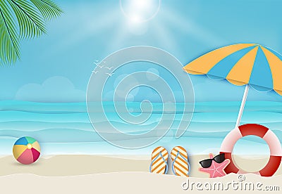 Summer holiday beach background, nautical concept. Paper art, pa Vector Illustration