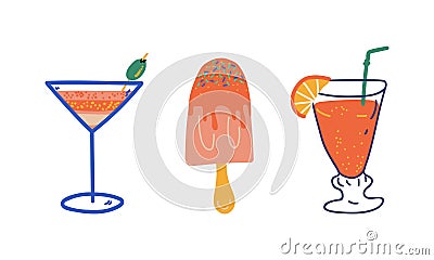 Summer Holiday and Beach Resort Symbols with Refreshing Cocktail and Ice Cream Vector Set Vector Illustration