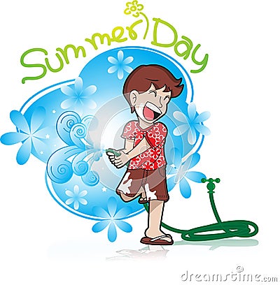 Summer holiday with boy playing water Vector Illustration