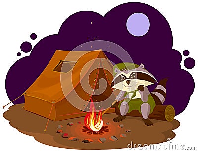 Summer holiday camp. Scout raccoon sitting around campfire. Raccoon tourist tent set. Camping Vector Illustration