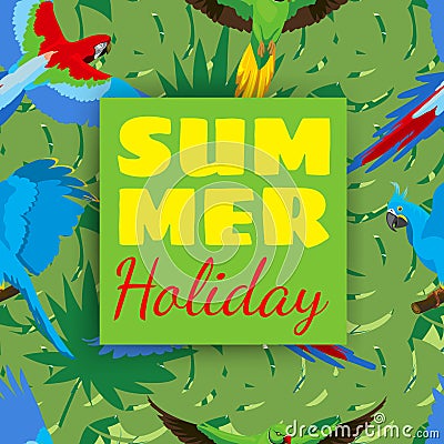 Summer holiday cards with tropical plants and parrots. Parrot seamless pattern Vector Illustration