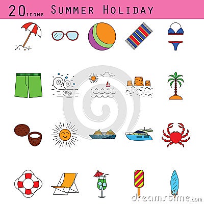 Summer holiday colored vector thin line icon set. Vector Illustration