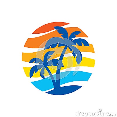 Summer holiday - concept business logo vector illustration in flat style. Tropical paradise creative badge. Palms, beach, sea wave Vector Illustration