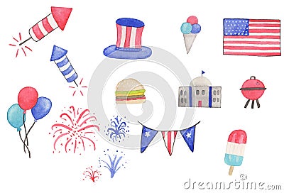 Watercolor Painted Holiday Fourth of July Illustrations Vector Illustration