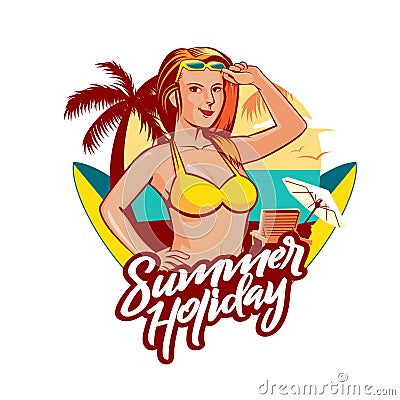 Summer Holiday Girl emblem day version Vector Illustration