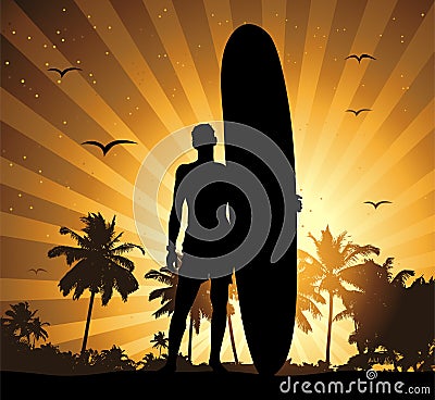 Summer holiday, man with surfboard Vector Illustration