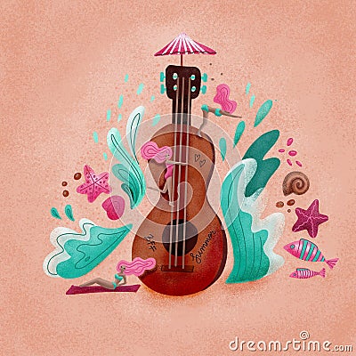 Summer holiday Music metaphor flat illustration. Cartoon girls near huge guitar hand drawn character. Scandinavian style Cartoon Illustration