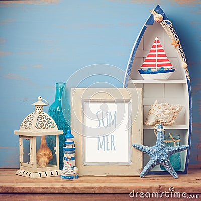 Summer holiday poster mock up template with home decor objects Stock Photo