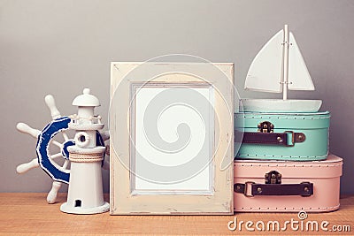 Summer holiday poster mock up template with nautical decorations. Stock Photo