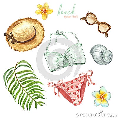Watercolor hand painted beach summertime set. Women swimwear, outfit, straw hat, sunglasses, tropical plants and leaves, isolated Stock Photo
