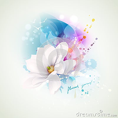 Summer holiday spirits abstract composition. Blooming white magnolia with lettering pleasant journey on the abstract Vector Illustration