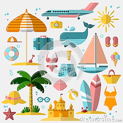 Summer holiday, tourism and vacation flat icons. Vector illustration of summer vacation accessories, flat icon set Vector Illustration