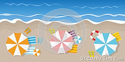 Summer holiday on a tourist beach top view with parasol flip flops ball and lifebelt Vector Illustration