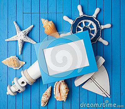 Summer holiday vacation photo frame mock up template with nautical decorations. Stock Photo