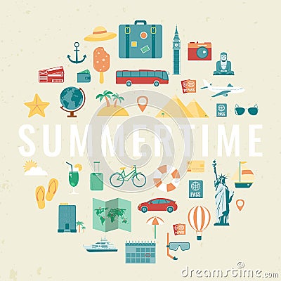 Summer holidays background with travel icons. Vector Vector Illustration