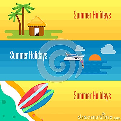 Summer Holidays Banner with Tropical Bungalows Vector Illustration
