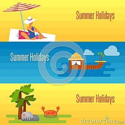 Summer Holidays Banner with Water Bungalows Vector Illustration