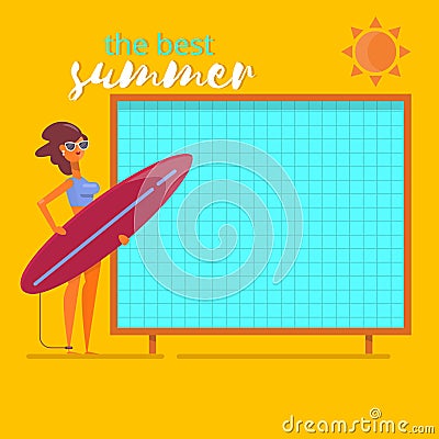 Summer holidays beach background poster.Summertime traveling template Flat vector illustration Vector Illustration