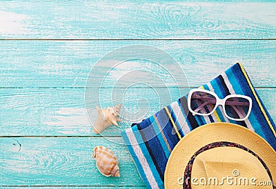 Summer Holidays. Beachwear on wooden background Stock Photo