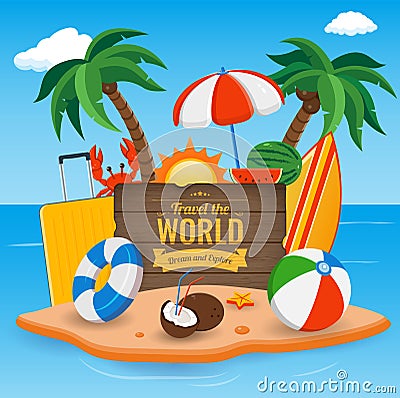 Summer holidays composition with sand beach, palms and travel stuff. Trave and Tourism concept. Vector Vector Illustration