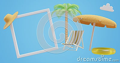 Summer holidays. Frame deckchair umbrella palm tree. Stock Photo