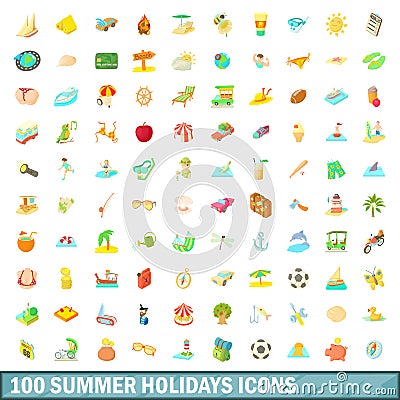 100 summer holidays icons set, cartoon style Vector Illustration